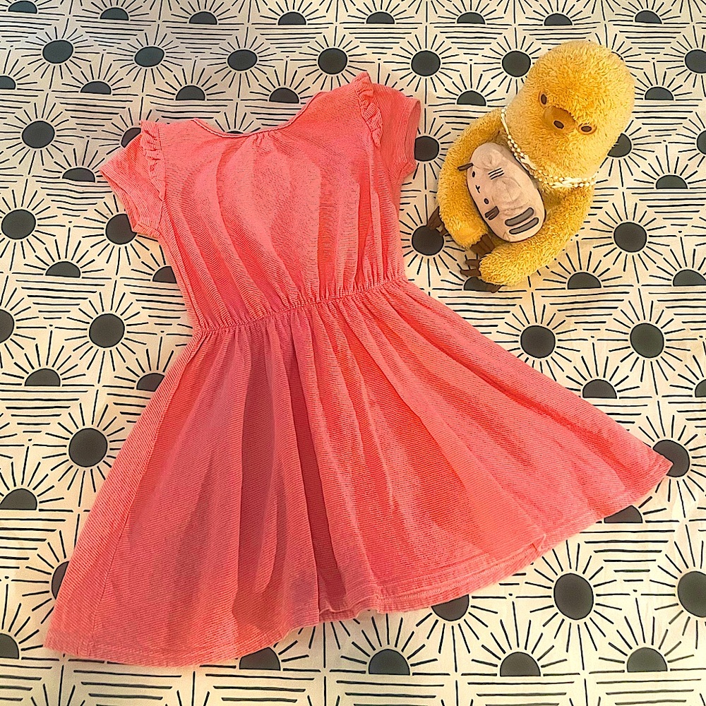 Lovely Girl’s Coral Striped and Ruffled Casual Mini Dress (Sz. 7-8)